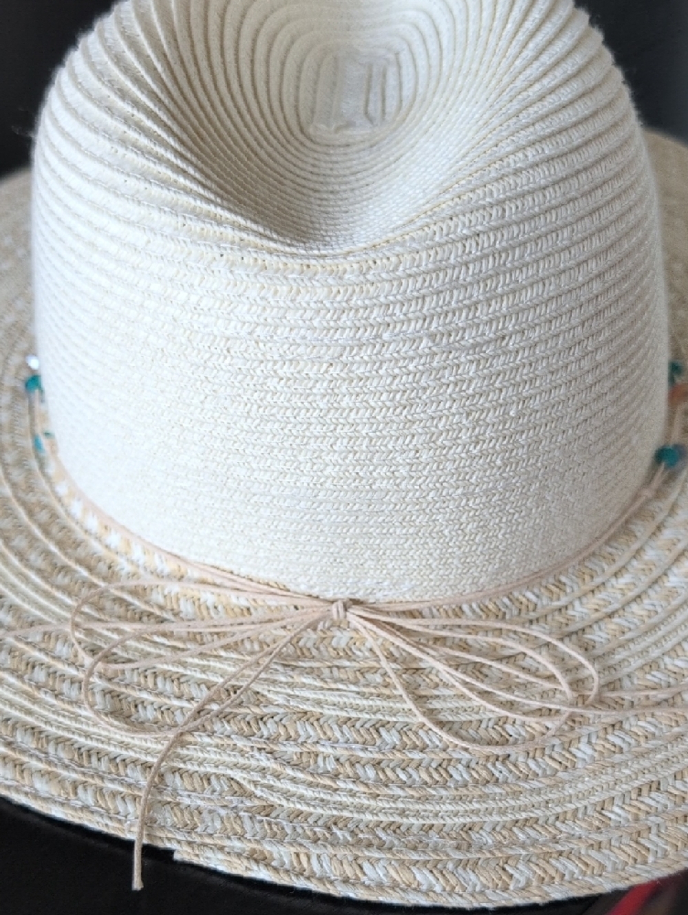 Sun & Sand SPF 50 Wide Brim Straw Sun Hat with Turquoise Bead Trim In Cream - Picture 3 of 4